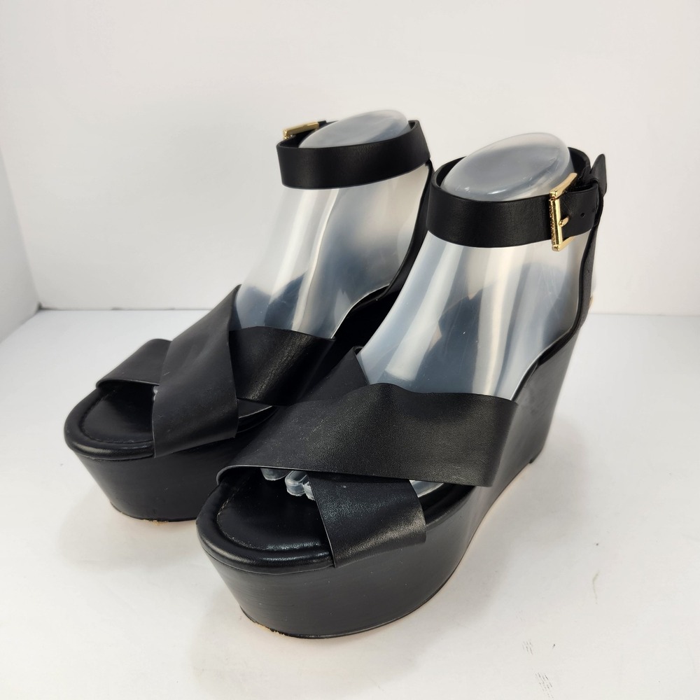 Michael Kors Wedge Platform Sandals Black Leather Ankle Strap Women's Size 9.5M